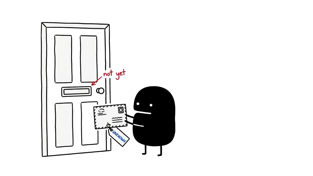 Small black figure at a closed door, holding an envelope tagged unknown, not posting it through the slot.